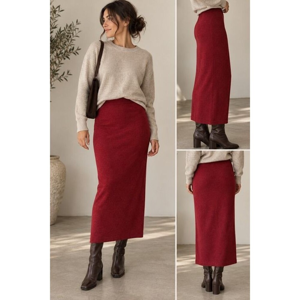 Eileen Fisher 100% Wool M Midi Maxi Pencil Skirt Minimalist Quiet Luxury Red